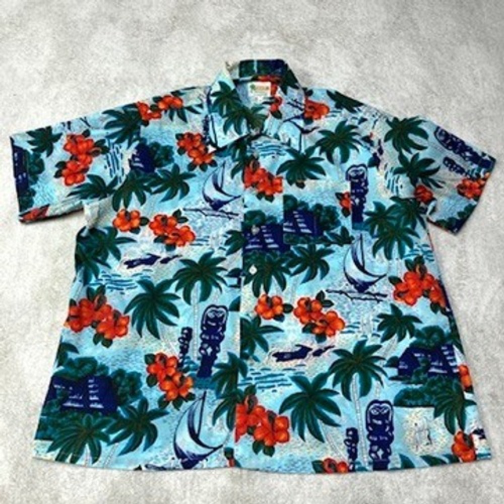 True Vintage 70s Waikiki 76 Hawaiian Loop Collar Shirt Tiki Tree AOP Men XL